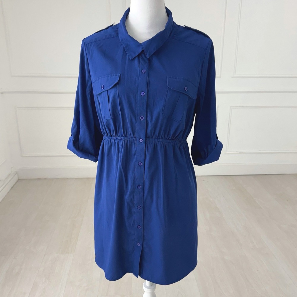 Oh Baby by Motherhood Shirt Dress Women XL Royal Blue Maternity Button Front Tab